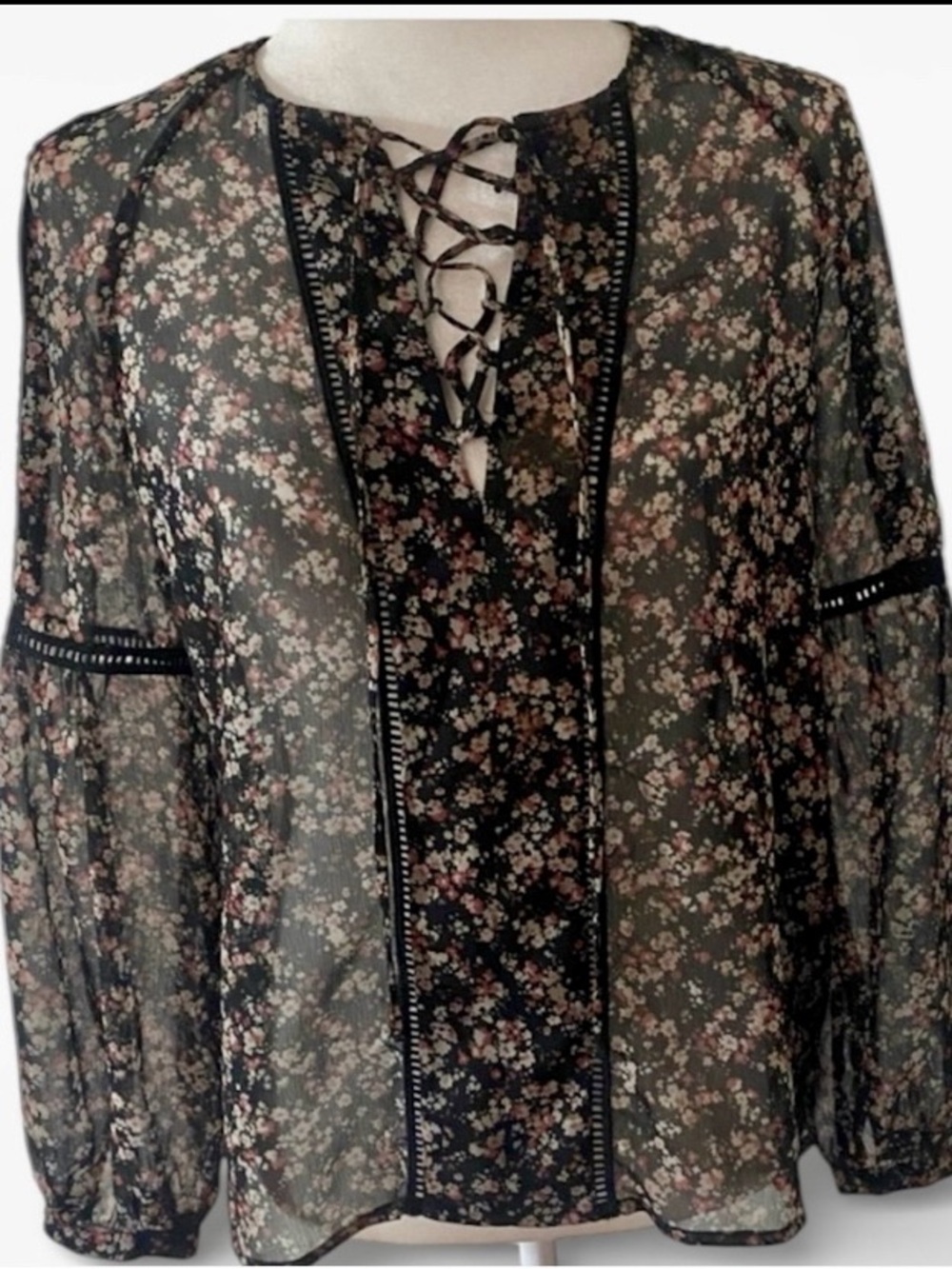 Barneys New York Floral Lace Up Blouse XS Sheer Boho Romantic Long Sleeve Top